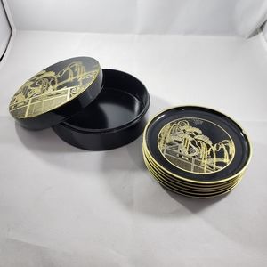 Vintage Japanese Lacquer Set of 6 Coasters  in Round Painted Box Black G…